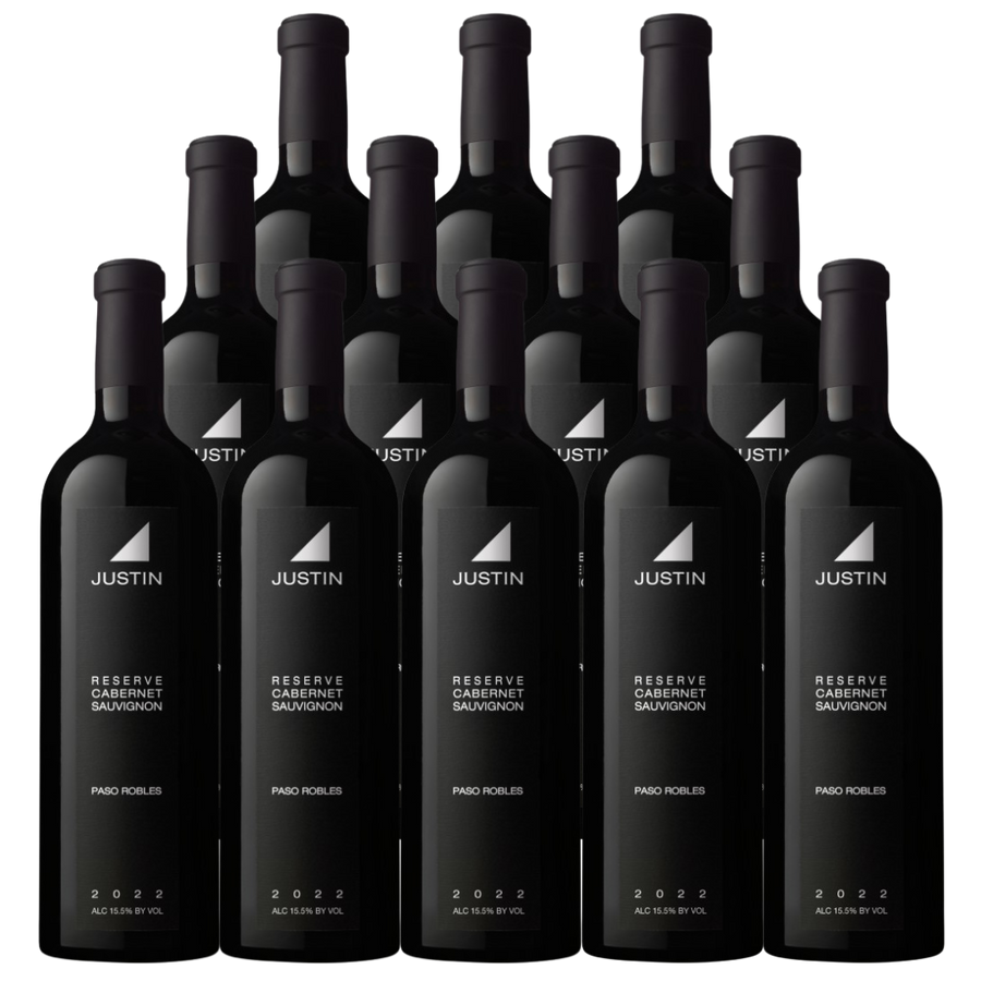 Justin Cabernet Sauvignon Reserve Paso Robles 2022, 12 bottles, showcasing premium red wine.