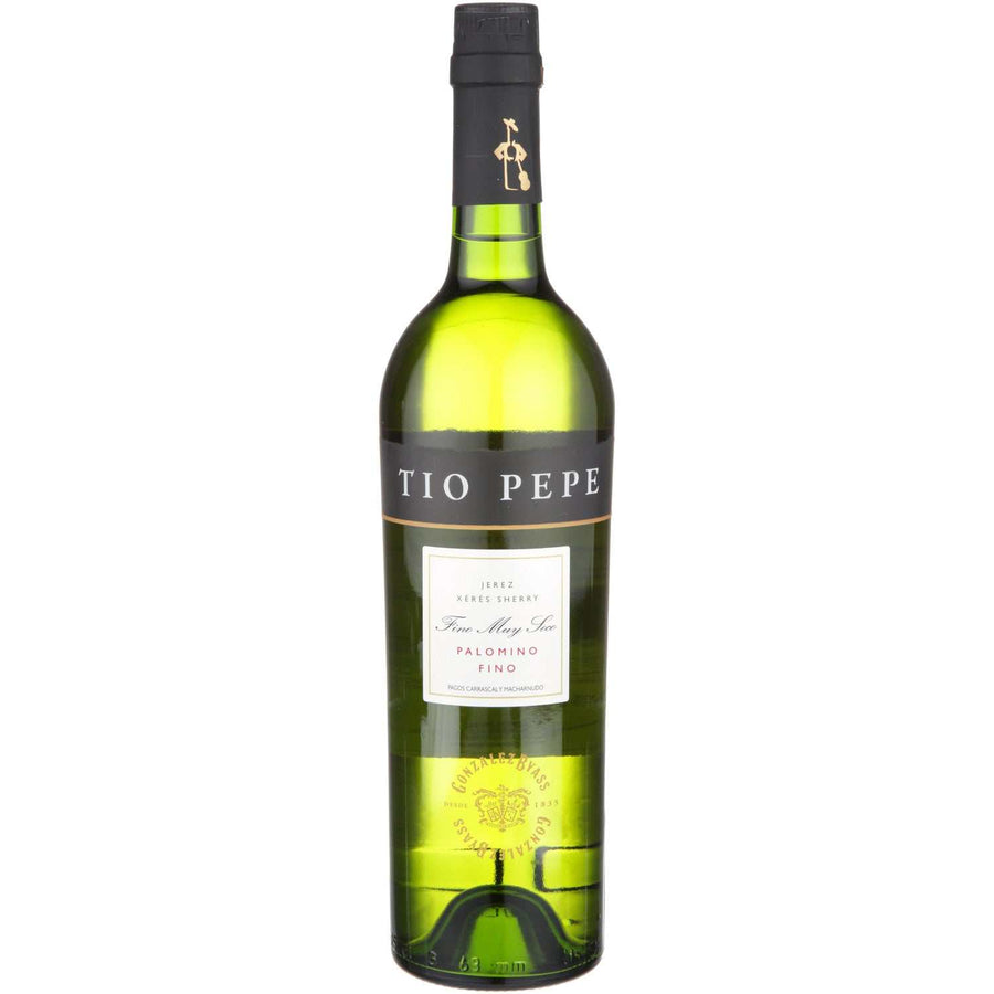 Tio Pepe Sherry Palomino Fino Muy Seco 750 ML bottle with elegant label and cork cap