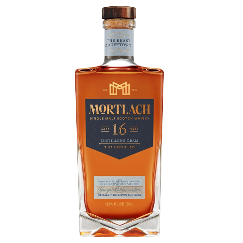 Mortlach Single Malt Scotch Distiller's Dram 16 Year 750 ML bottle showcasing rich amber whisky.