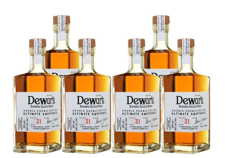 Six bottles of Dewars Blended Scotch Double Aged 21 Year whisky with clear labels and amber liquid