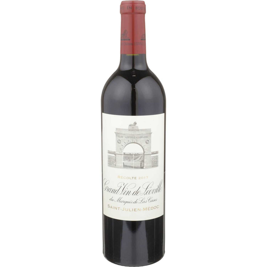 Bottle of Chateau Leoville Las Cases Saint Julien 2017 red wine with deep garnet-purple color and elegant blackcurrant and blackberry notes