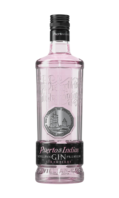 Puerto De Indias Strawberry Flavored Gin Sevillan Premium 750ml bottle with pink hue.