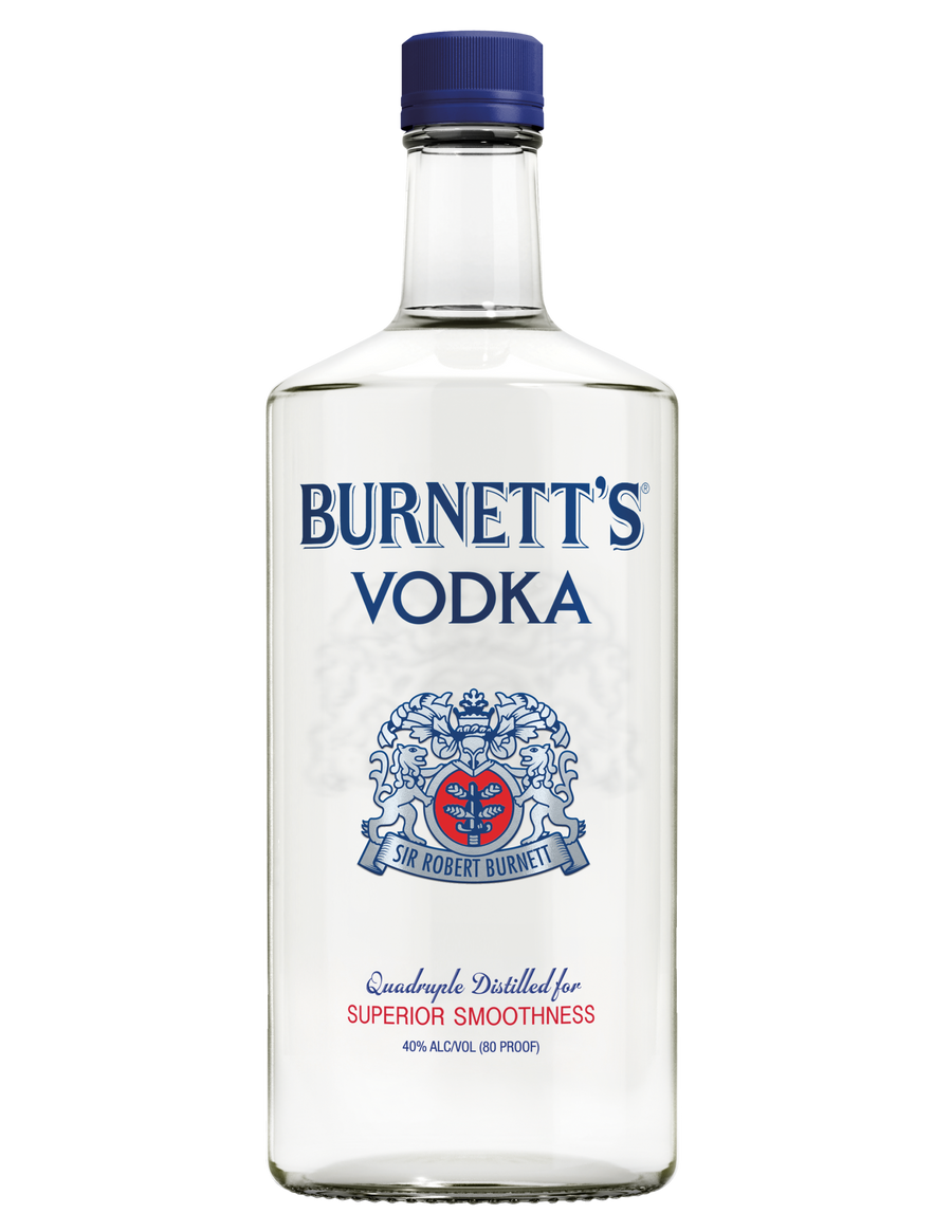 Burnett's Vodka 80 Summer Label 1.75 L bottle with quadruple distillation and triple charcoal filtering.