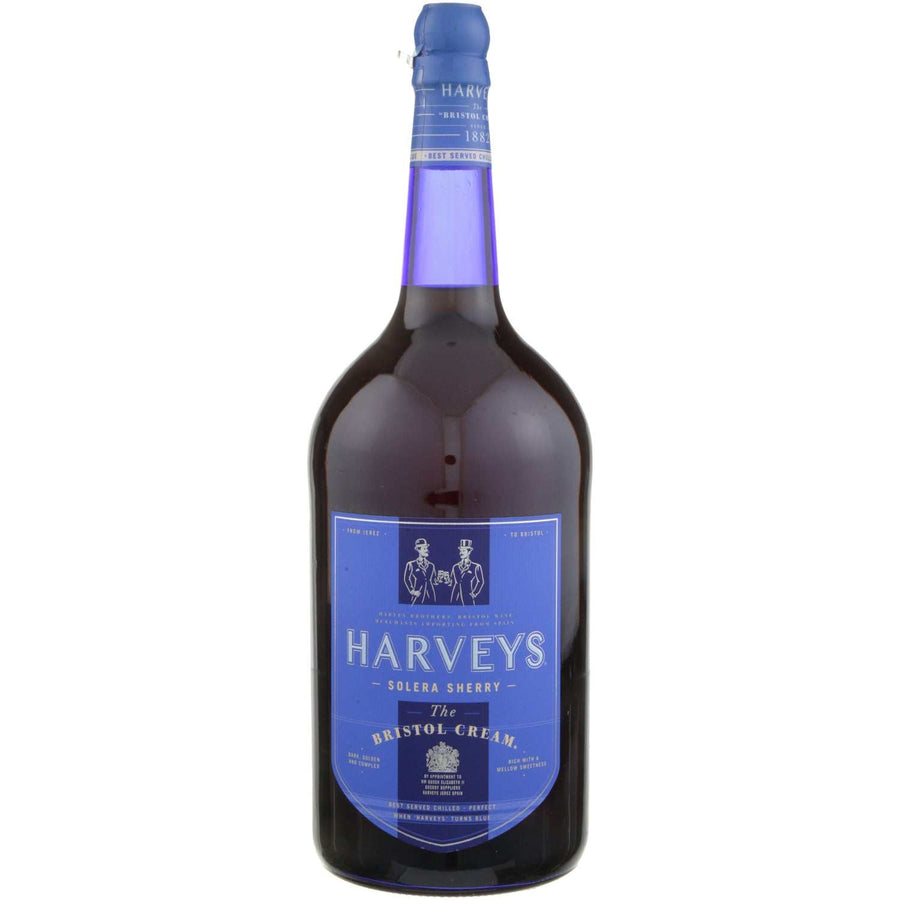 Harveys Sherry Bristol Cream 1.5L bottle with amber cream sherry and rich fruity flavors