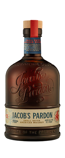 Jacobs Pardon Small Batch American Whiskey bottle 750 ML, aged 8 years, rich amber color, embossed label.