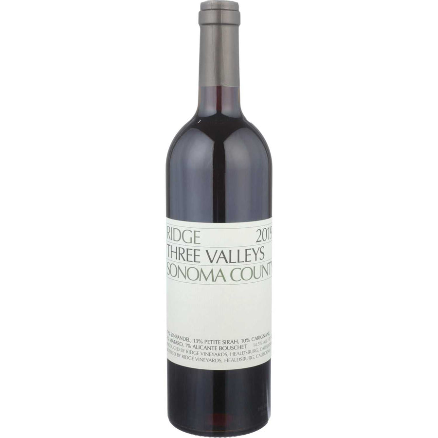 Ridge Vineyards Red Wine Three Valleys Sonoma County 2019 bottle with grapes and vineyard background