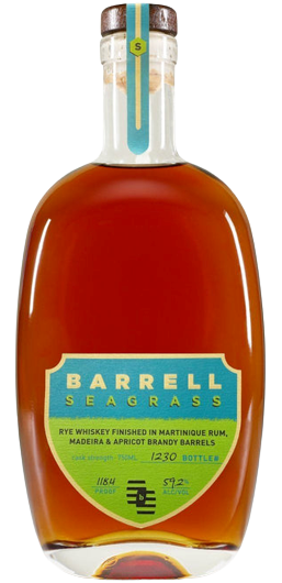 Barrell Rye Whiskey Seagrass Cask Strength 750 ML bottle with vibrant label detailing finish in Martinique Rhum, apricot brandy, and Madeira barrels.