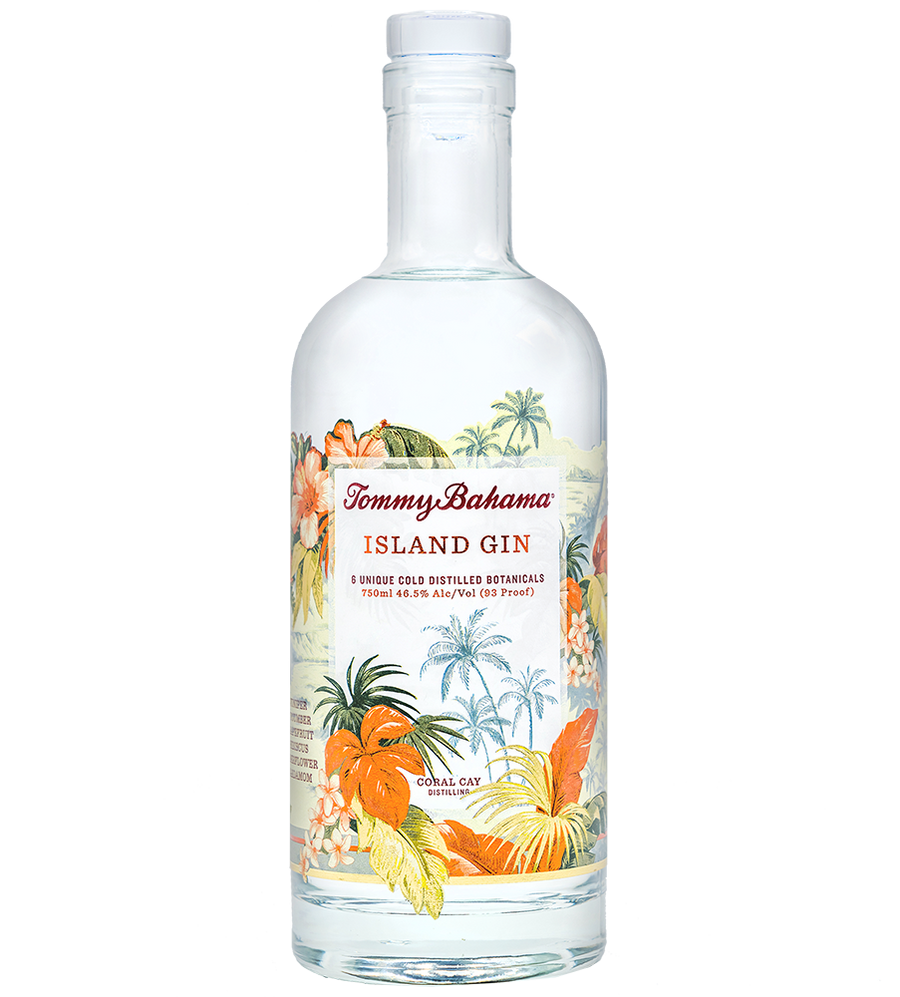 Coral Cay Tommy Bahama Island Gin 750 ML bottle with tropical floral design.