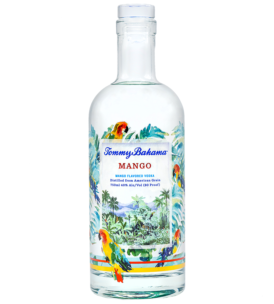 Coral Cay Tommy Bahama Mango Vodka bottle with tropical design.