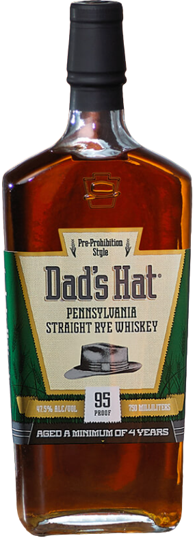 Dads Hat Straight Pennsylvania Rye Whiskey bottle, 750ml, with rich amber color and bold, spicy flavors.