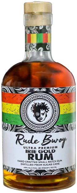 Rude Bwoy Irie Gold Rum 750 ML bottle with Caribbean-inspired label and golden amber rum inside