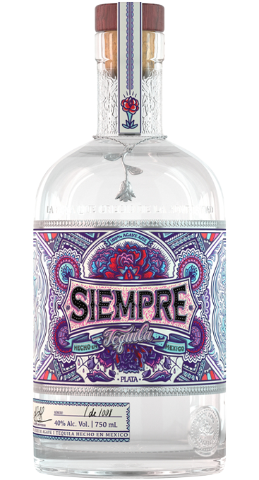 Siempre Tequila Plata bottle 750ml with colorful Mexican-inspired label and artisanal craftsmanship.