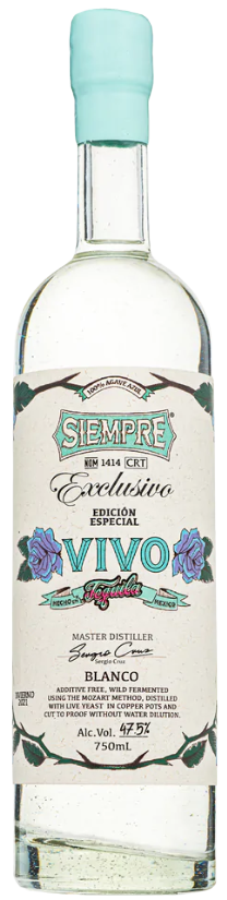 Siempre Vivo High Proof Blanco Tequila 750ml bottle with floral label and turquoise cap