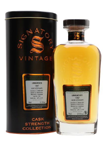Signatory Linkwood 23 Year Old Speyside Single Malt Scotch Whisky with Cask Strength packaging.