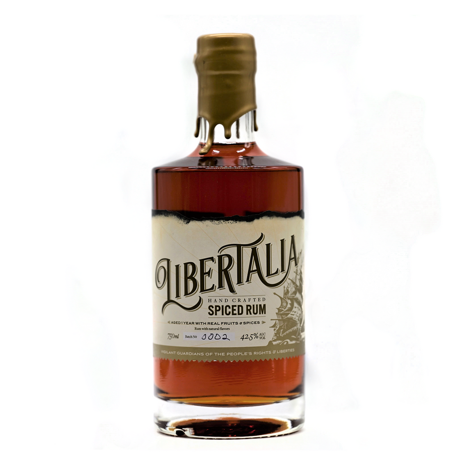 Libertalia Hand Crafted Spiced Rum 750 ML bottle with pirate-themed label.