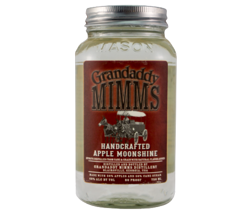 Grandaddy Mimm's Handcrafted Apple Moonshine 80 Proof 750 ML bottle with rustic label.