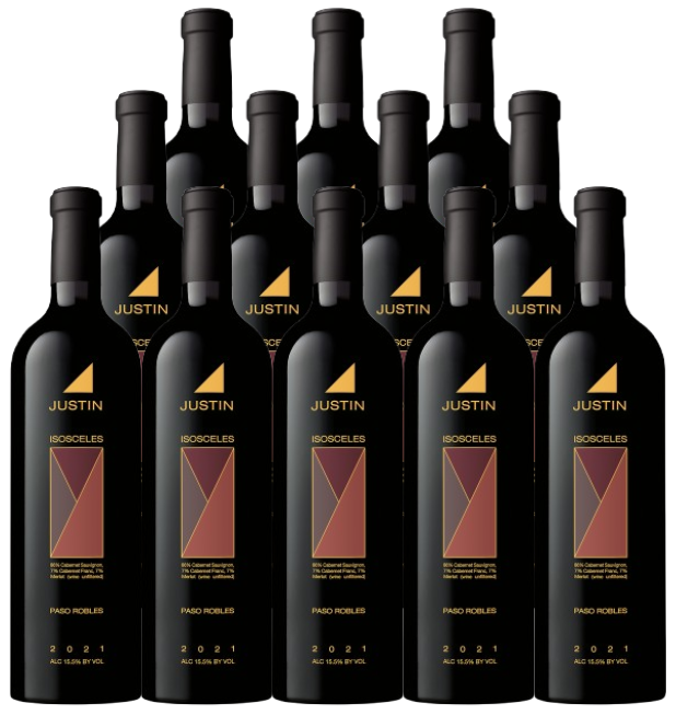 Twelve bottles of Justin Red Blend Isosceles Paso Robles 2021 750ml with black and gold labels