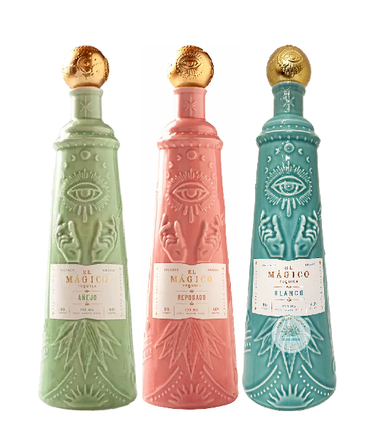 El Magico Anejo Reposado Blanco Tequila 750ml three bottle set showcasing premium agave tequila varieties