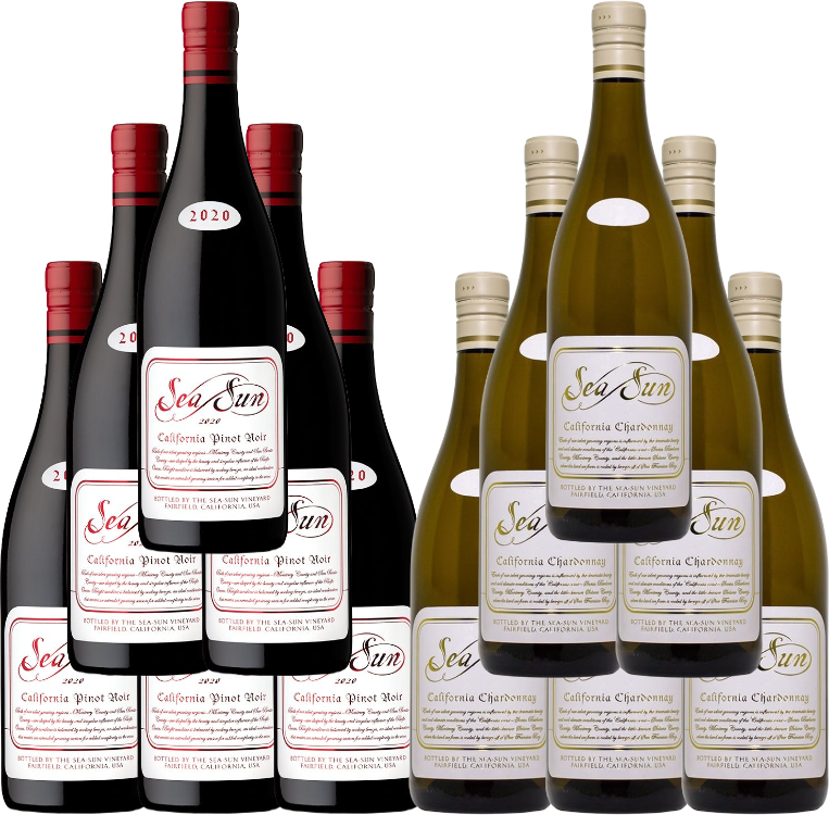 Sea Sun California combo pack of 12 bottles featuring 750 ML Pinot Noir and Chardonnay wines