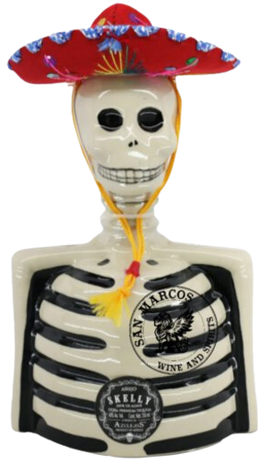 Skelly Tequila Anejo ceramic bottle with mariachi hat and skeleton design