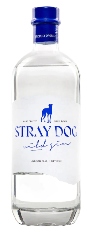 Stray Dog Gin handcrafted small batch wild gin 750ml bottle with blue cap and logo