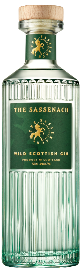 The Sassenach Wild Scottish Gin 84 750 ML bottle with green label and wooden cap showcasing premium Scottish gin.