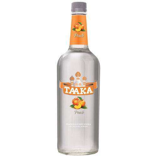 Taaka Peach Flavored Vodka 1.75 L bottle with peach label and clear vodka inside