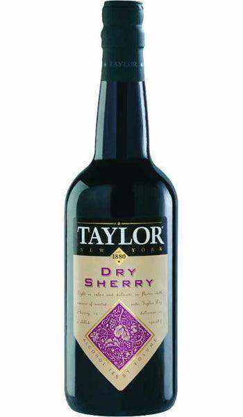 Taylor New York Dry Sherry 2018 750 ML bottle with label featuring grape pattern design.