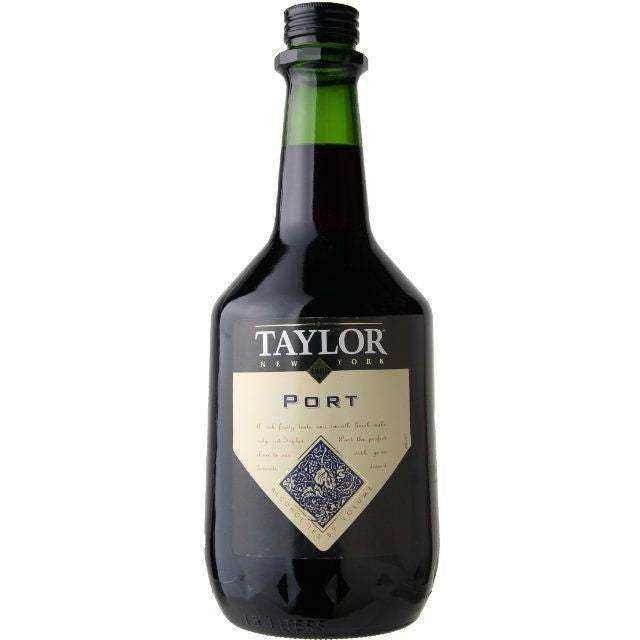 Taylor New York Port 750 ML bottle with a green neck and cream label, showcasing its tawny color and rich flavors.