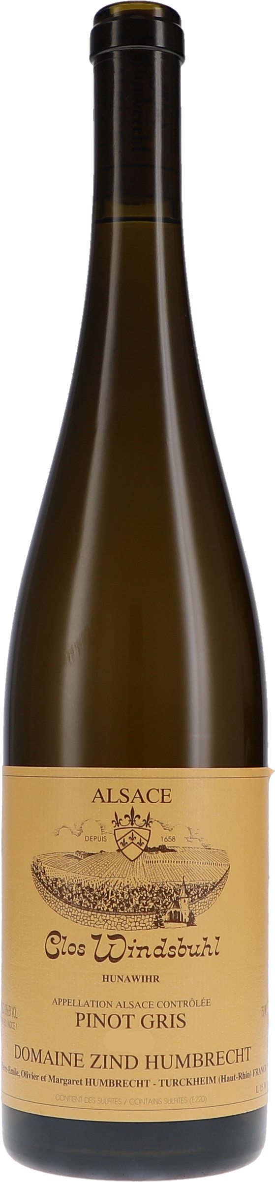 Bottle of Alsace Pinot Gris wine with a label on a white background