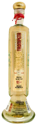 Tequila Trompeta Reposado 750ml bottle with golden tequila inside and traditional Mexican design