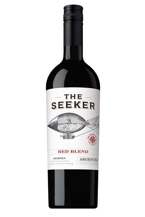 The Seeker Red Blend 750 ML wine bottle with deep ruby color and berry aroma