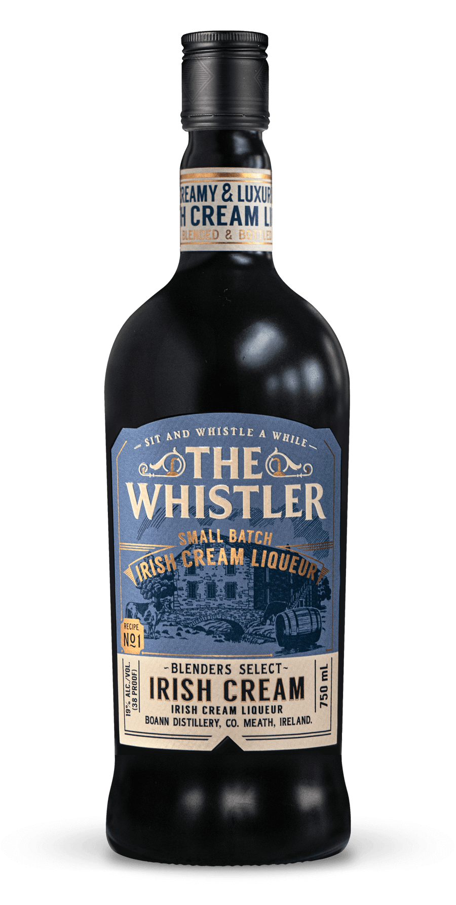 The Whistler Small Batch Blenders Select Irish Cream Liqueur 750 ML bottle with label featuring Irish whiskey blend and cream.