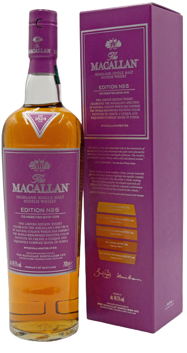The Macallan Edition No 5 Single Malt Scotch Whisky 750ml bottle with purple label and matching box
