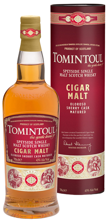 Tomintoul Cigar Malt single malt Scotch whisky bottle and packaging with honey, toffee, and oak notes