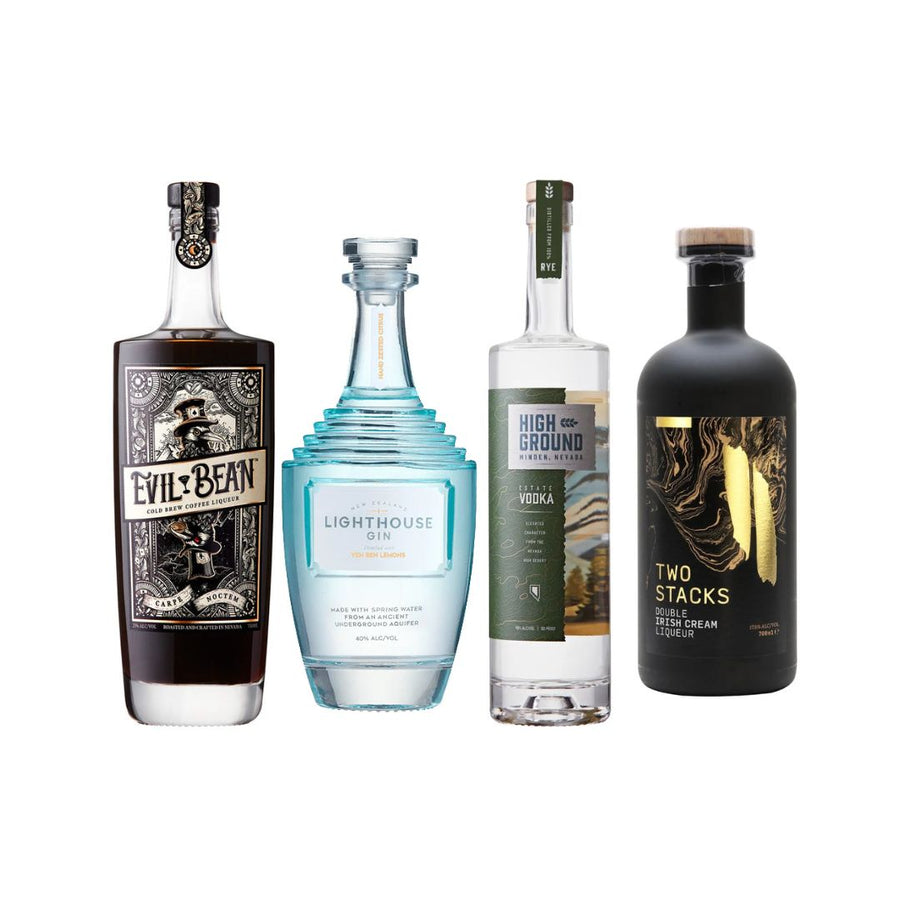 Evil Bean Cold Brew Coffee Liqueur 50 & Lighthouse Gin & High ground estate vodka & Two stacks Irish cream