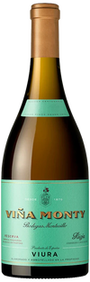 Vina Monty Rioja Blanco Reserva 2018 bottle with turquoise label and gold foil top white wine