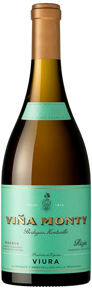 Vina Monty Rioja Blanco Reserva 2018 bottle with turquoise label and gold foil top white wine
