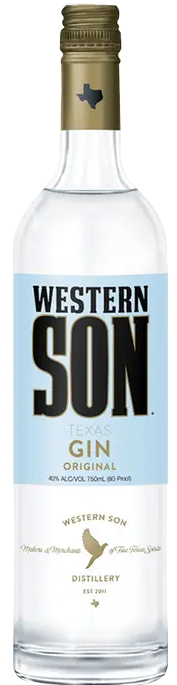 Western Son Gin 1L bottle with Texas-themed label and gold cap, premium handcrafted gin with classic botanicals