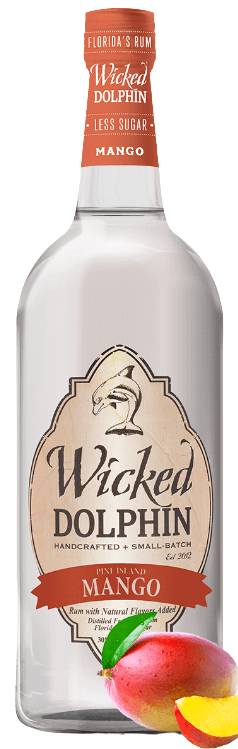 Wicked Dolphin Mango Rum 1 L bottle with mango illustration.