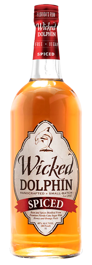 Wicked Dolphin Premium Spiced Rum 1L bottle with vanilla, allspice, nutmeg, and lemon-peel notes.
