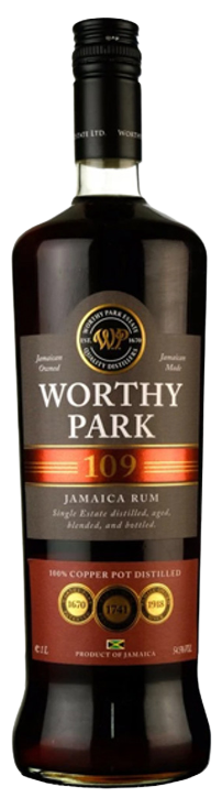 Worthy Park Jamaica Rum 109 750 ML bottle with dark rum and black label detailing heritage and flavor notes