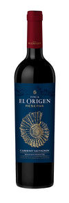 Finca El Origen Cabernet Sauvignon Reserva 2021 wine bottle with blue label and red cap