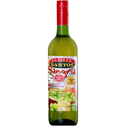 1.5 L bottle of Santos White Sangria crisp white wine cocktail with citrus and fruit flavors