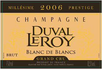 Duval-Leroy Champagne Grand Cru Brut Blanc De Blancs Millesime Prestige 750 ML bottle with golden Champagne and fine bubbles