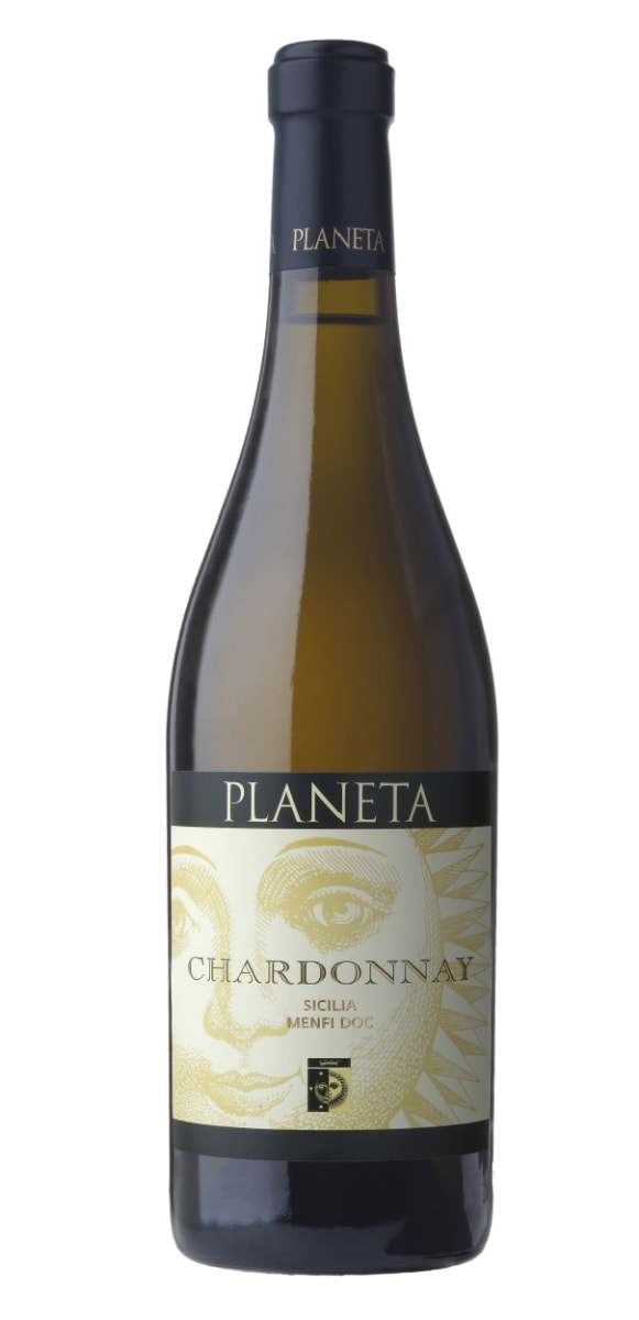 Planeta Chardonnay 2023 750 ML bottle showcasing Sicilian white wine with tropical fruit and oak aroma