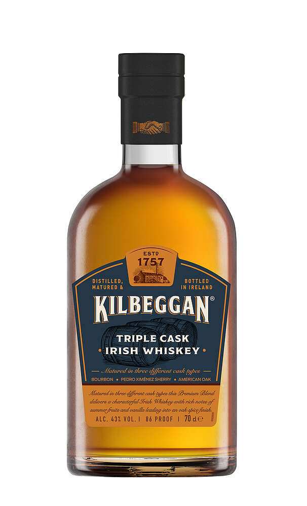 Kilbeggan Blended Irish Whiskey Triple Cask 86 750 ML bottle showcasing smooth, triple-cask matured Irish whiskey with notes of vanilla and spice