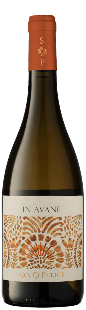 San Felice Chardonnay Italian white wine bottle from Tuscany with elegant label and vineyard background