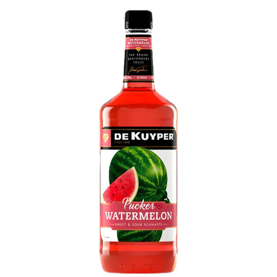 Dekuyper Sour Watermelon Schnapps Pucker 30 750 ML bottle with vibrant watermelon flavor