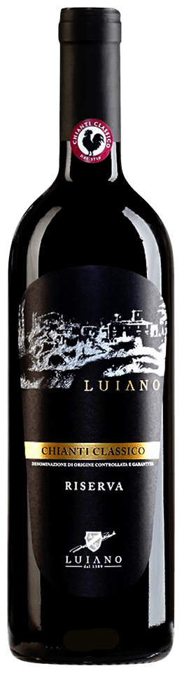 Bottle of Luiano Chianti Classico Riserva 2021 750 ML red wine with Tuscan vineyard background